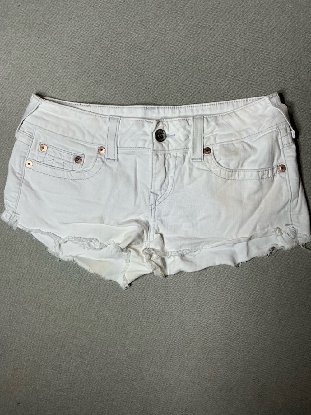 True Religion White Denim Frayed Cutoff Shorts